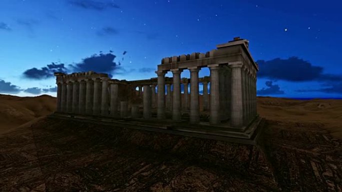 希腊帕台农神庙的三维模型在夜晚与美丽的月亮