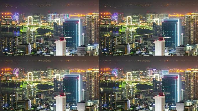 东京铁塔城市视点和悬索桥在夜间时间流逝