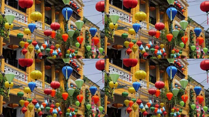 4k越南会安老城区的彩色灯笼