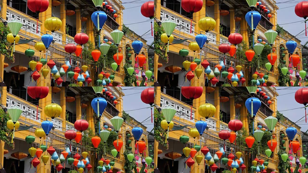 4k越南会安老城区的彩色灯笼