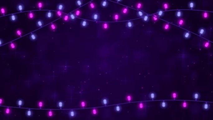 紫色背景，带有节日花环灯和发光颗粒