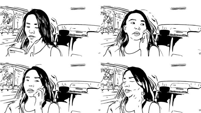 动画卡通素描，女人使用电话，开车