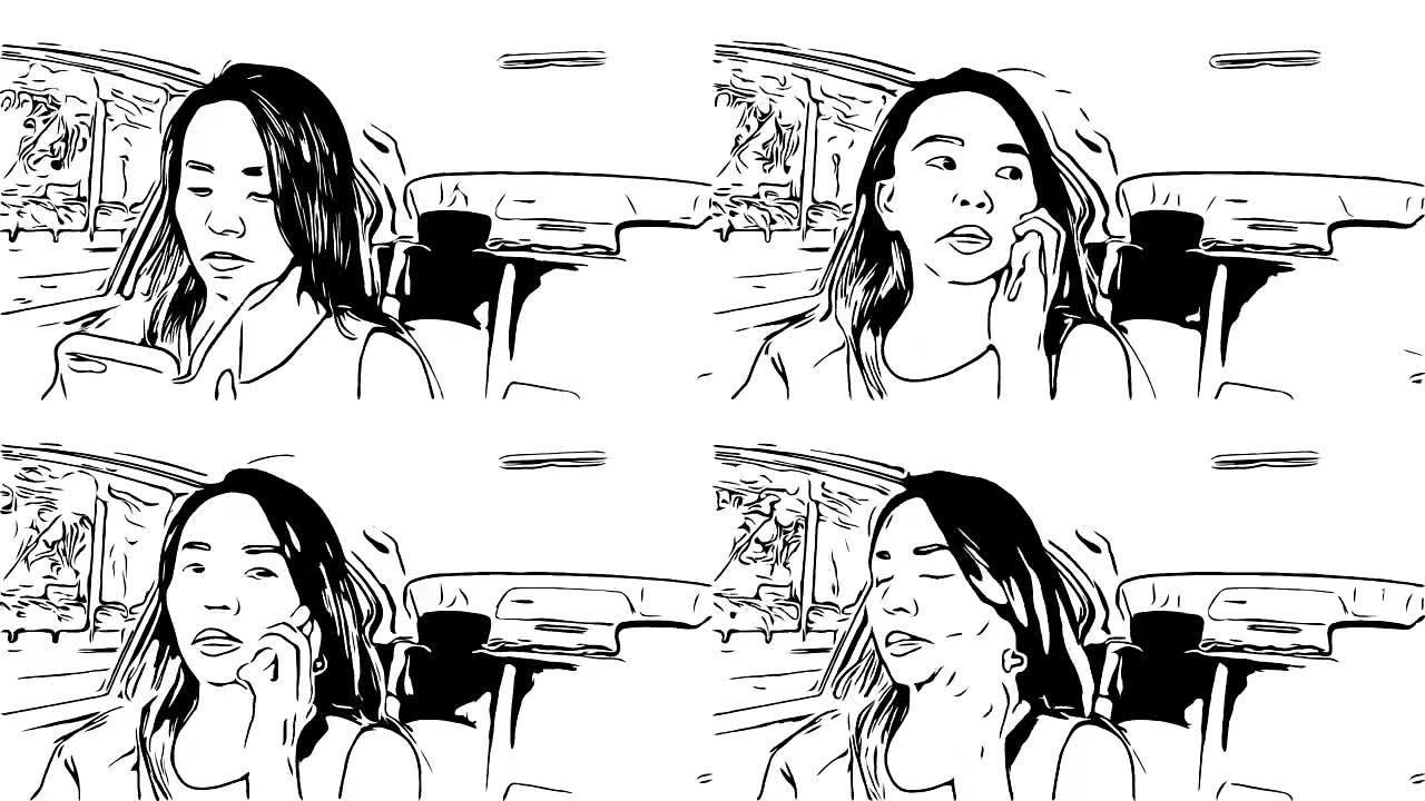 动画卡通素描，女人使用电话，开车