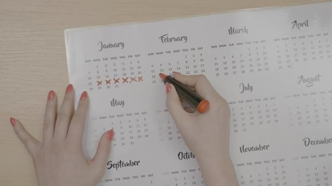 一只年轻的女性手的顶视图，上面用红色指甲标记日历计划节育日期