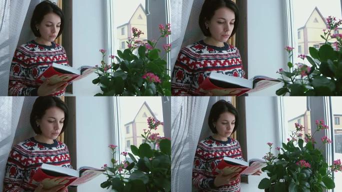 美丽的年轻黑发女人穿着针织毛衣站在窗户边看书。背景中模糊的飘落的雪。