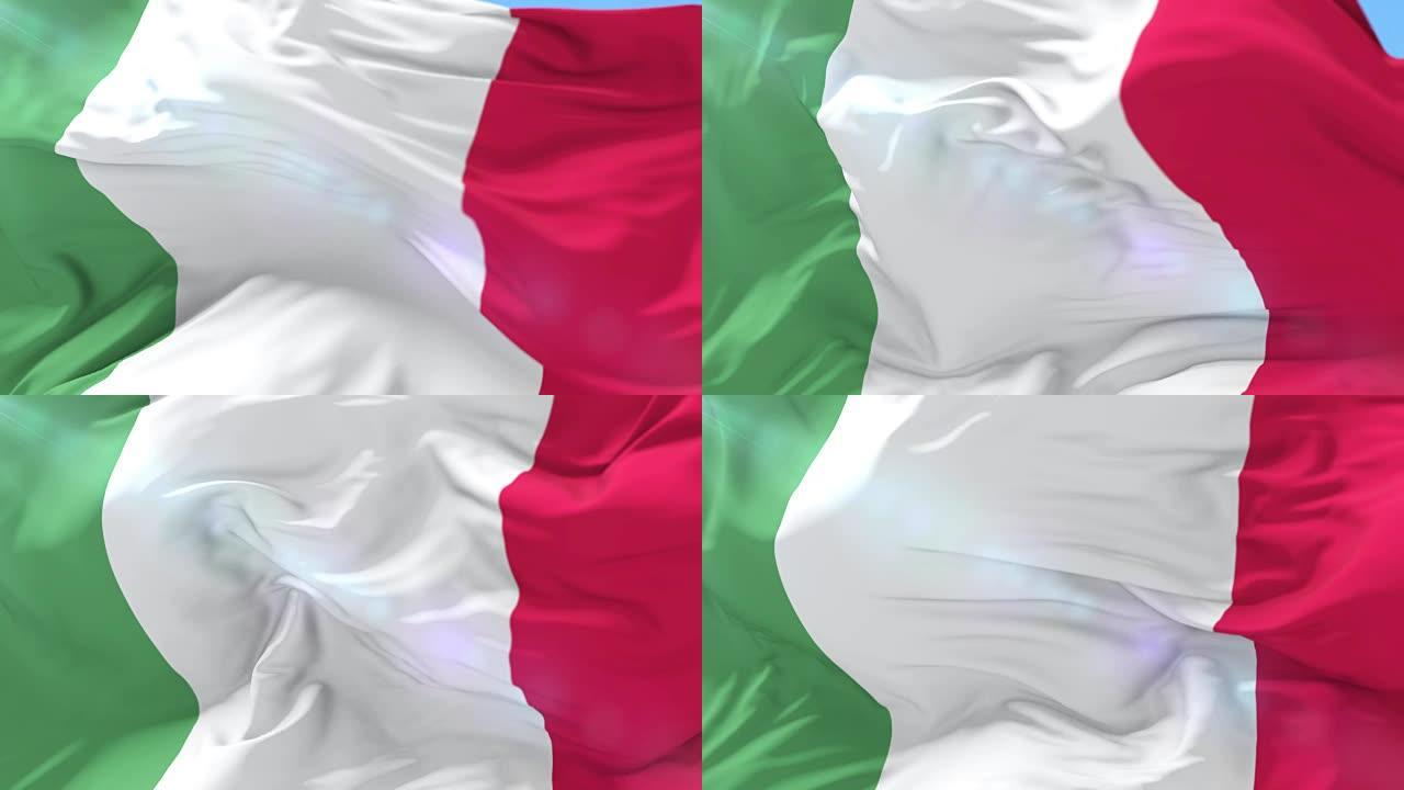 意大利国旗在蓝天下挥舞，循环