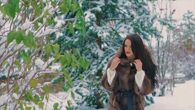 brunette stylish girl near green trees in winter, 