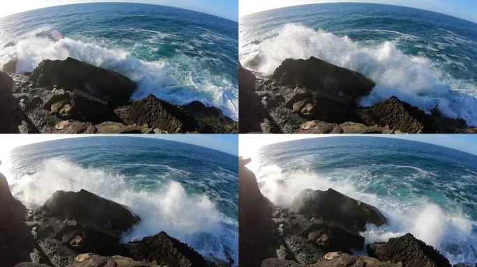 在大西洋Fuerteventura的La parred火山海滩上慢动作的大浪，4K