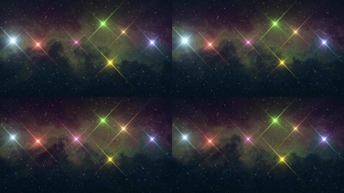 七颗彩虹彩星闪烁闪耀在柔和的移动星云夜空动画背景新品质自然风景酷七彩漂亮光视频镜头