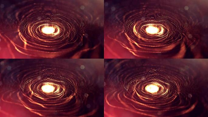 3d循环动画作为科幻小说背景，具有景深的发光粒子和vj循环的散景。粒子形成线和表面网格。V32红色金