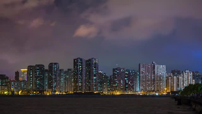 中国夜间照明珠海湾澳门城市景观海岸线全景4k延时