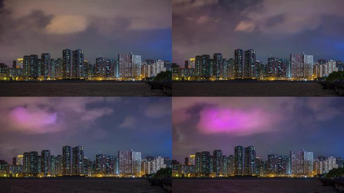 中国夜间照明珠海湾澳门城市景观海岸线全景4k延时
