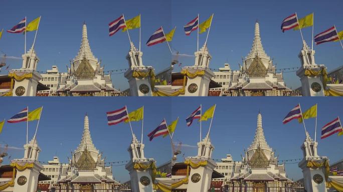 泰国曼谷的Lak Muang庙和旗帜