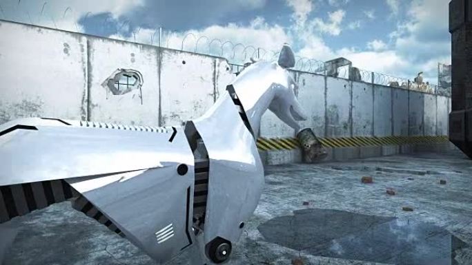 世界末日城市的机器狗动画。3D渲染