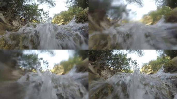 瀑布中的水河掉落在相机上