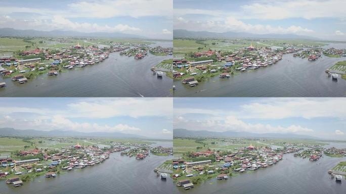 无人机视点，在日间渔船4k上鸟瞰缅甸因勒湖