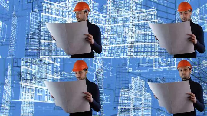 一名戴着安全头盔的男子阅读了spinnig建筑方案的蓝图背景