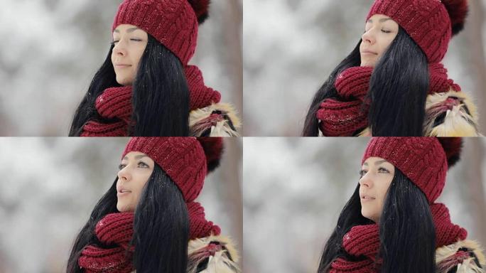 Woman in red hat breathe fresh air at frost winter