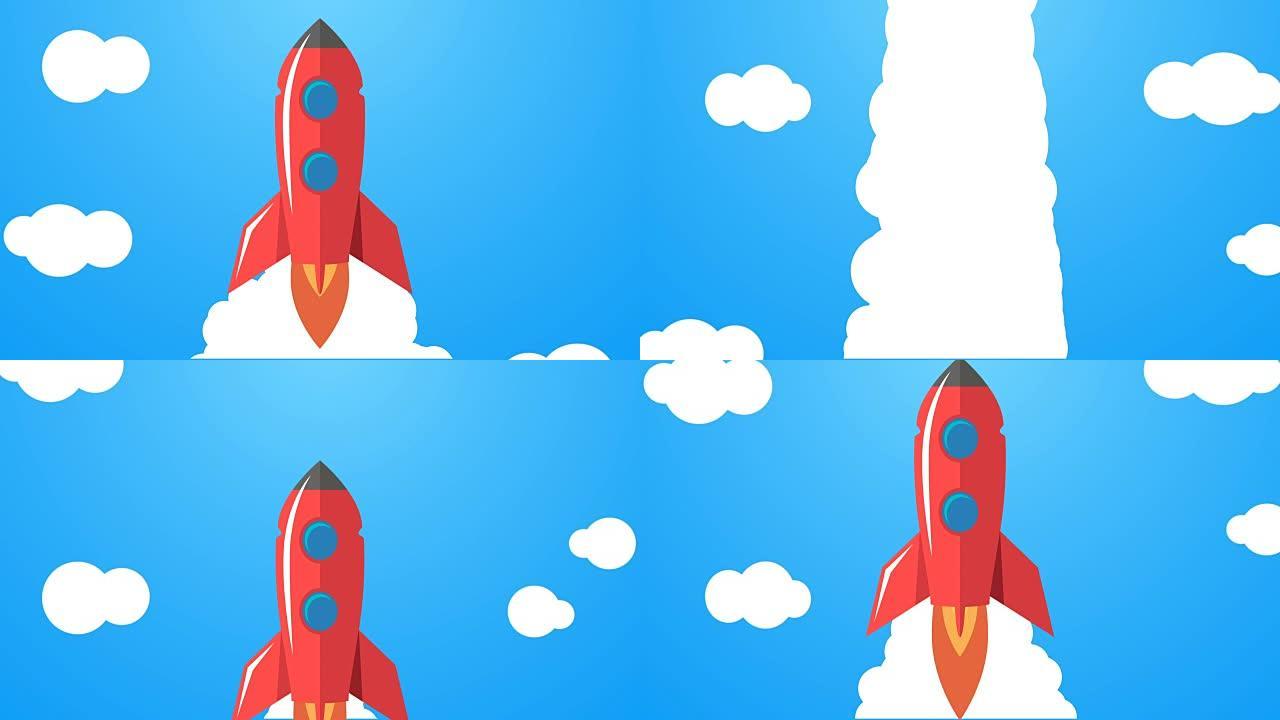 火箭发射的平面风格动画。