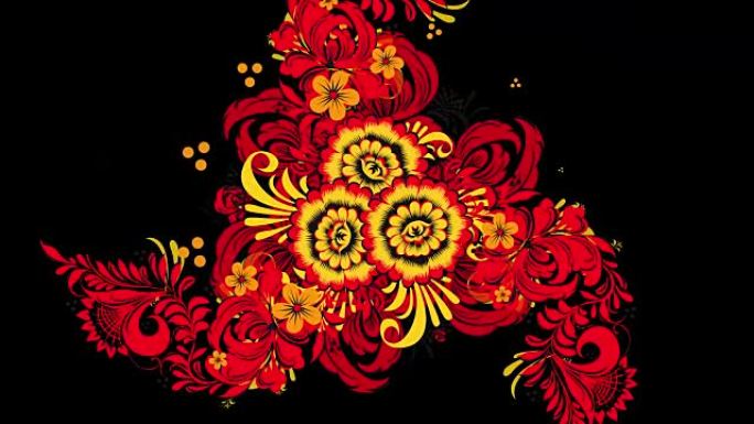 黑色背景上鲜红色的花朵和浆果的陶器绘画Khokhloma俄罗斯。黑色背景上的红色Khokhloma