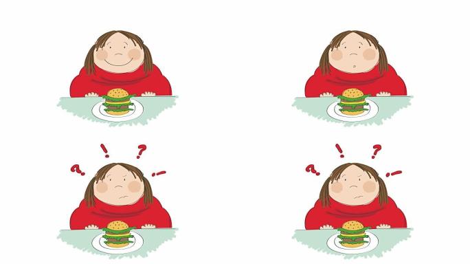 动画的一个胖女人，汉堡坐在快餐中，试图决定是否吃它，动画手绘卡通人物。
