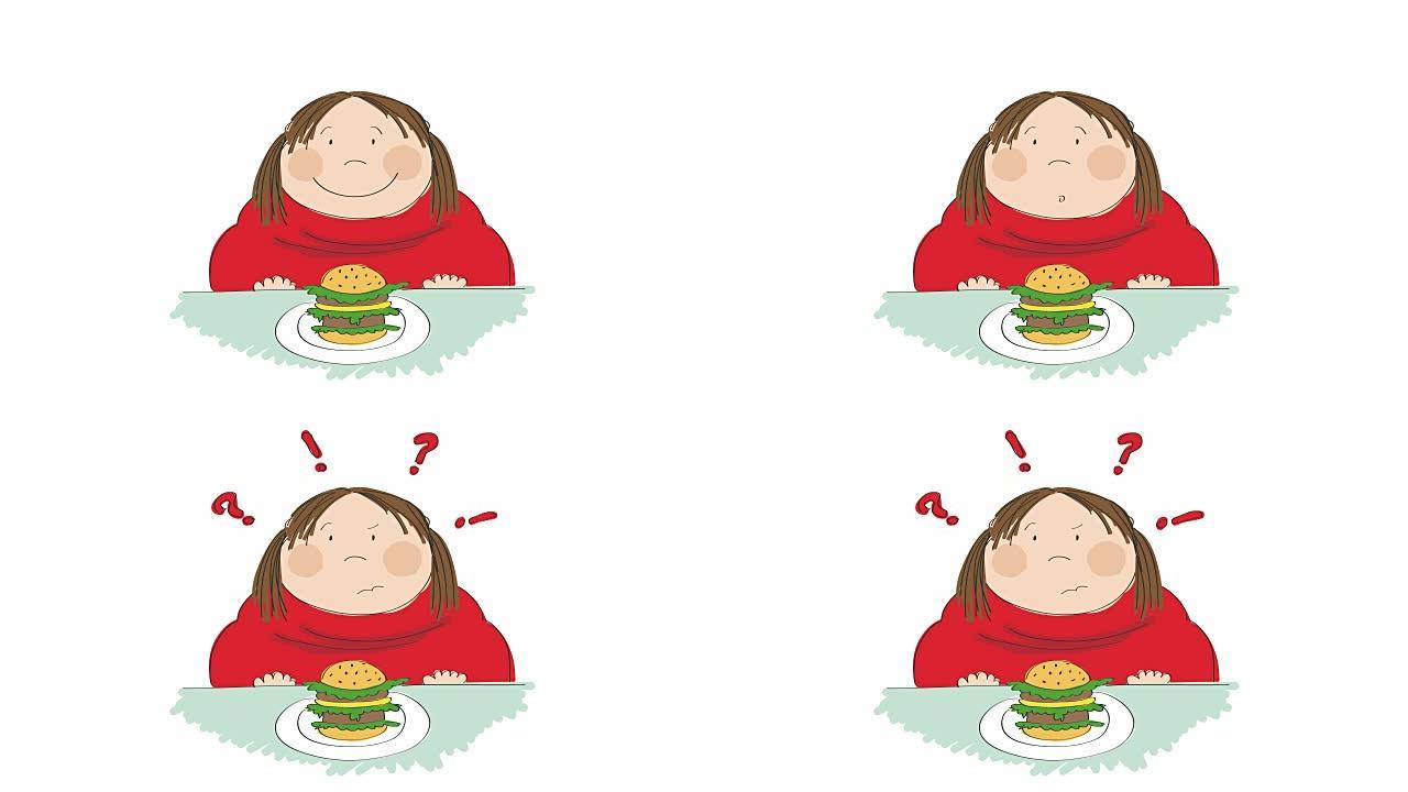 动画的一个胖女人，汉堡坐在快餐中，试图决定是否吃它，动画手绘卡通人物。