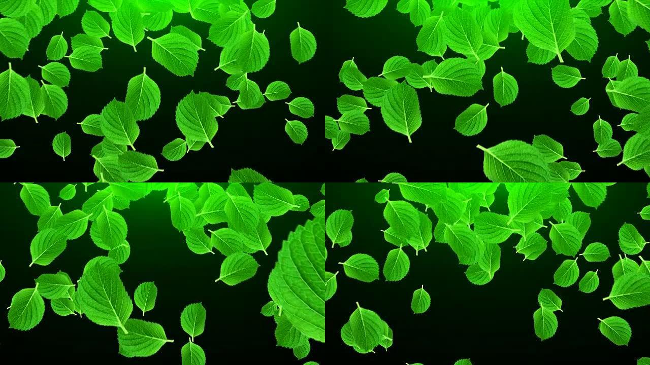 空间中许多明亮的绿色叶子，计算机生成抽象背景，3D渲染