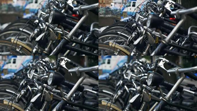 一排排自行车，架子焦点