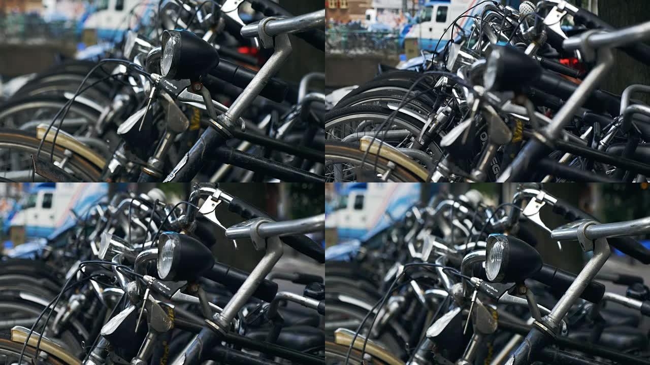 一排排自行车，架子焦点