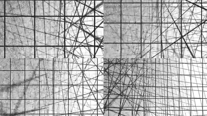 白色正方形抽象运动白色背景的几何螺旋。黑线网格随机翻转白色背景。乐队的黑白组成
