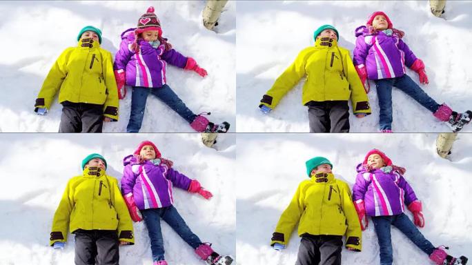 快乐的高加索儿童在假期雪中户外玩耍