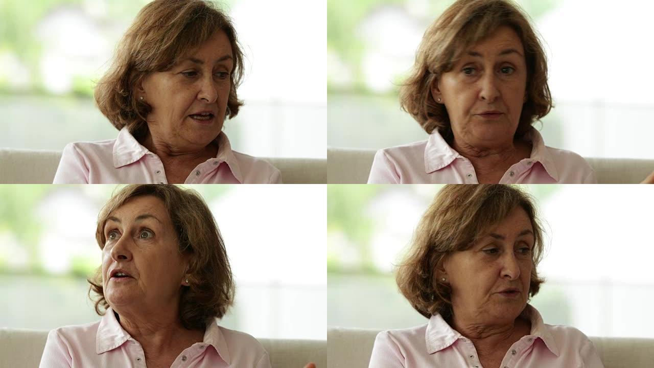 女人与他人互动的坦率镜头，脸上表情惊人。退休的老年妇女，在4k谈话时眼神表情表情