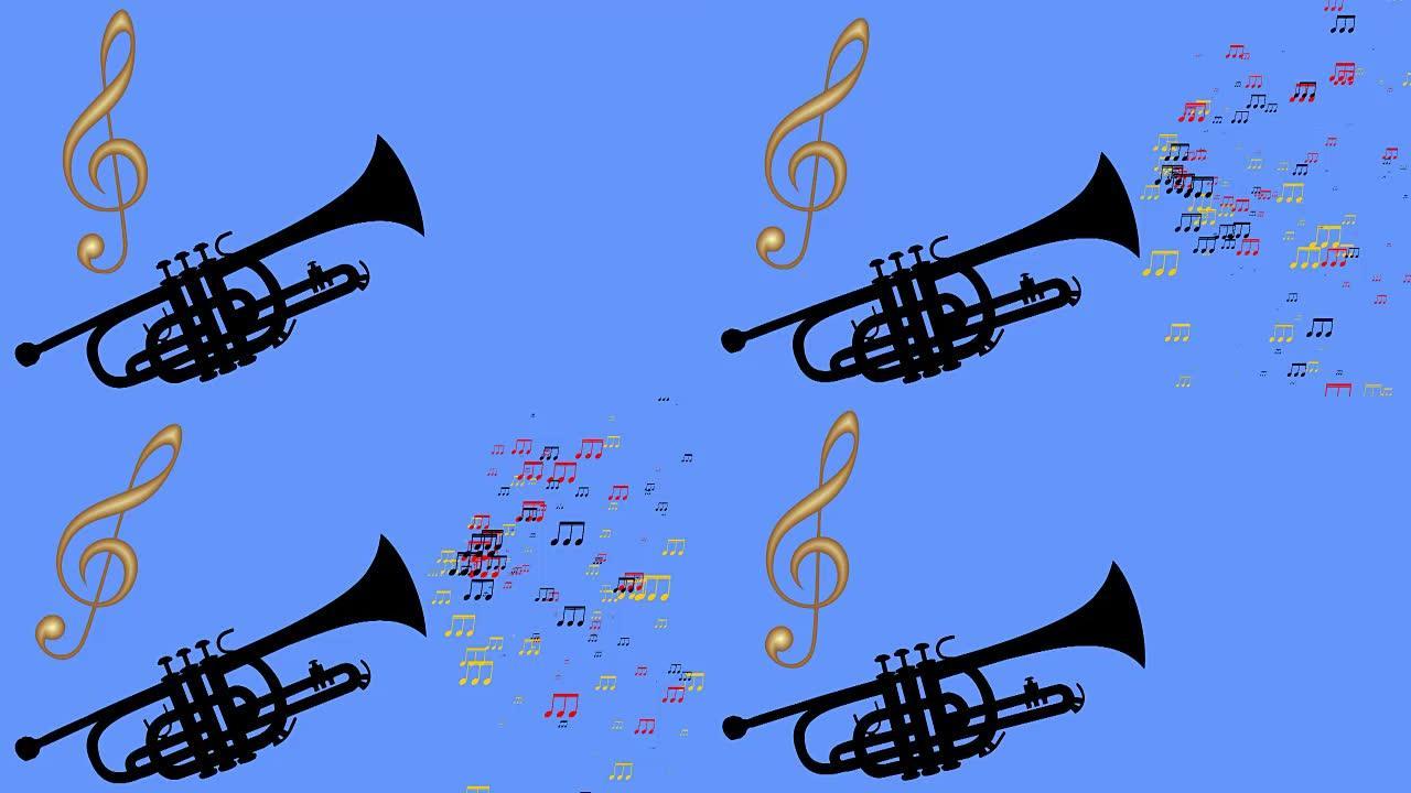 管和金色小提琴键。五颜六色的动人音符。蓝色背景上小号的动画。黑色管轮廓，摆动高音谱号