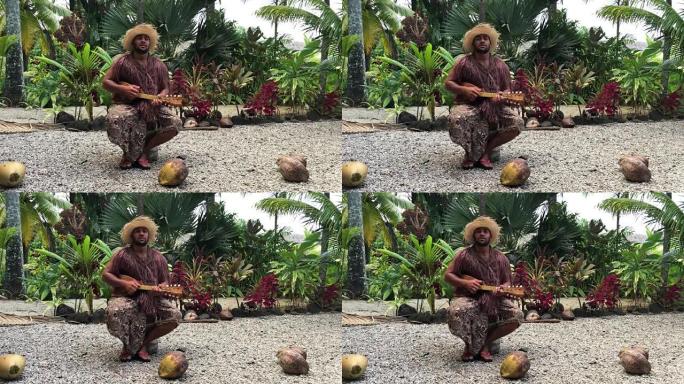太平洋岛民男子用夏威夷四弦琴吉他演奏