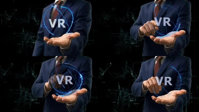 商人在他的手上展示概念全息图VR