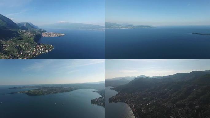意大利群山环绕的华丽加尔达湖全景。无人机视频拍摄