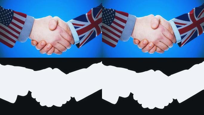 美国-英国/握手概念动画关于国家和政治/与matte频道