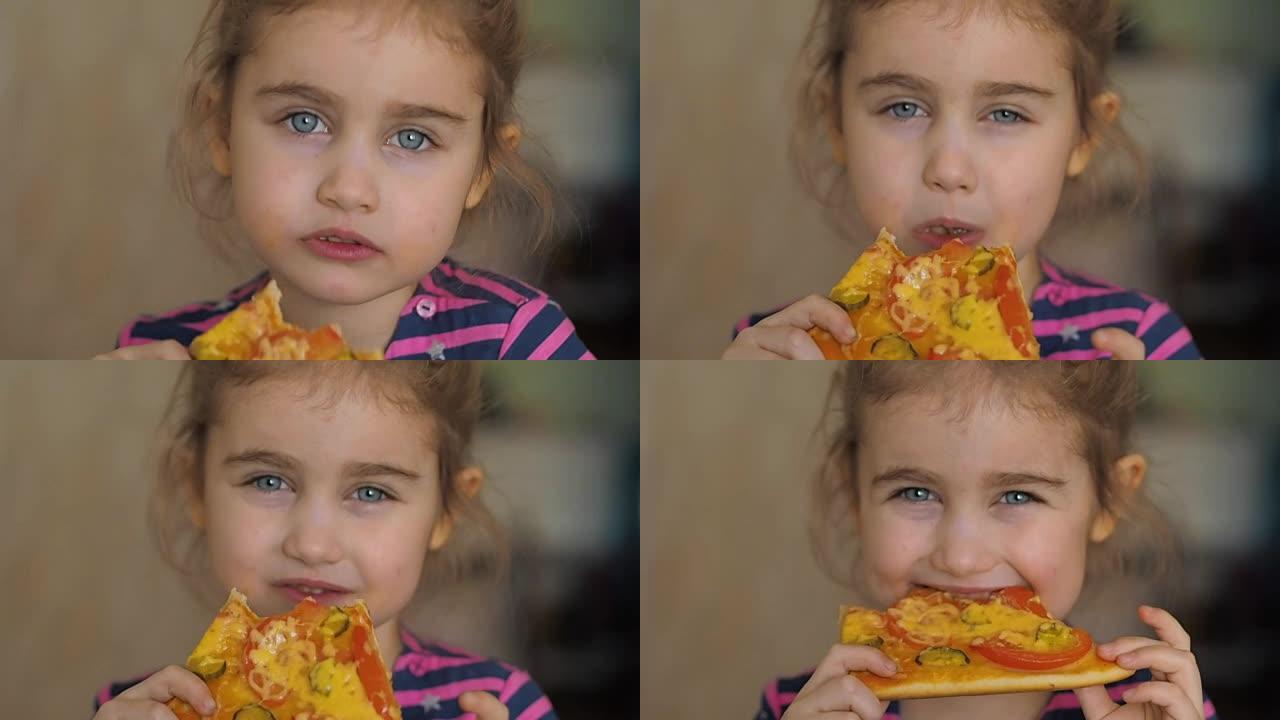 可爱的高加索小女孩吃披萨。饥饿的孩子吃披萨。