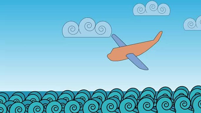 动画-卡通。飞机在海浪中坠毁