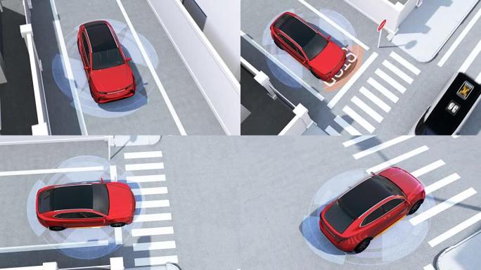 红色SUV在单向街道上检测到车辆在盲区