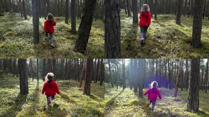 年轻女孩在树林中奔跑慢动作