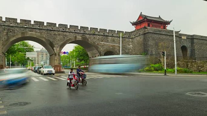 武汉市日间堡垒庙奇艺门交通十字路口全景4k延时中国