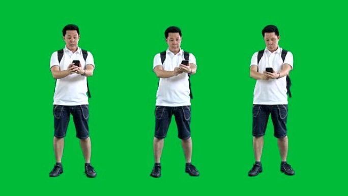 绿屏上的亚洲游客，用阿尔法·香奈儿拍摄4k镜头。codeck-PNG阿尔法。