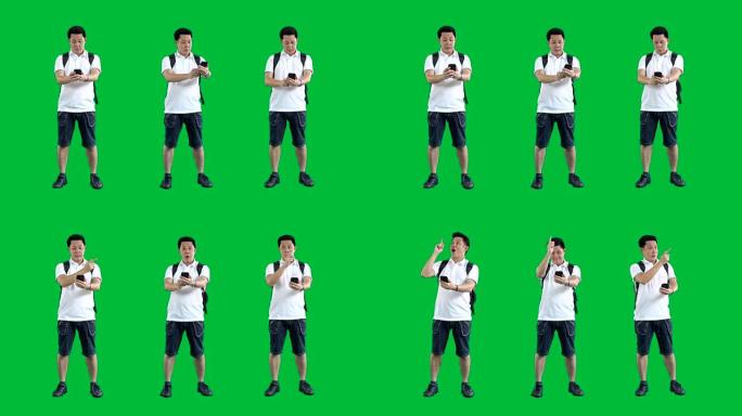 绿屏上的亚洲游客，用阿尔法·香奈儿拍摄4k镜头。codeck-PNG阿尔法。