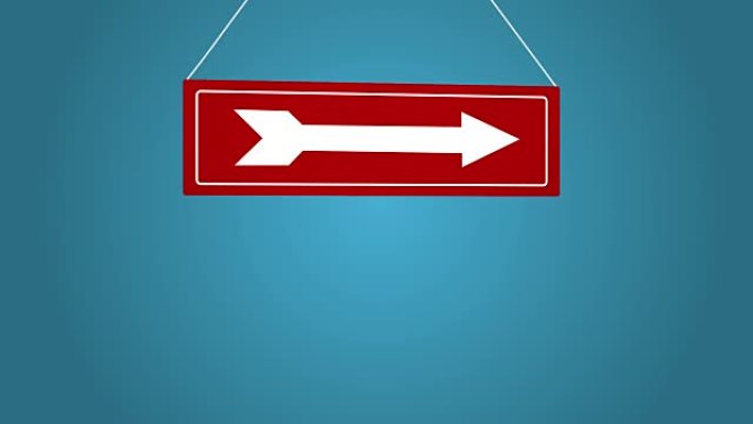 红色的白色箭头标志指向右侧。绳索上的标志动画从顶部掉落并摆动。蓝色背景。蓝色背景。