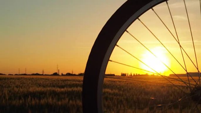 日落。日落时旋转的自行车车轮