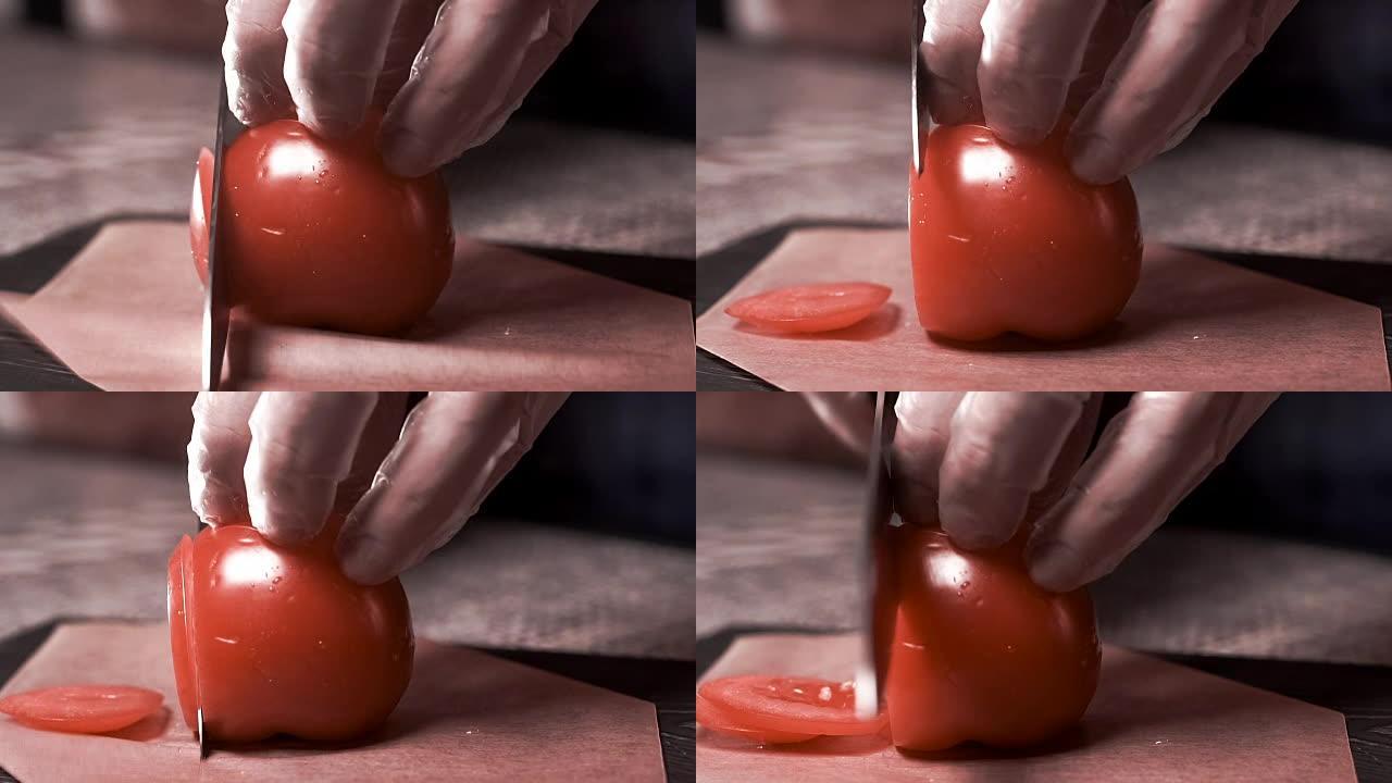 用烹饪刀切成番茄