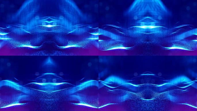 3d循环动画作为科幻小说背景，具有景深的发光粒子和vj循环的散景。粒子形成线和表面网格。V8蓝色