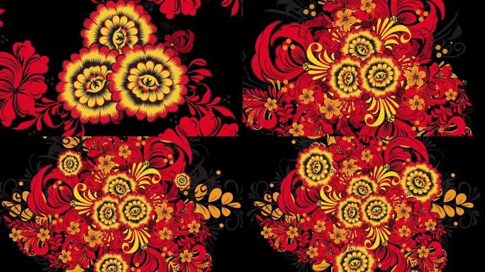 黑色背景上鲜红色的花朵和浆果的Khokhloma俄罗斯。动画Khokhloma