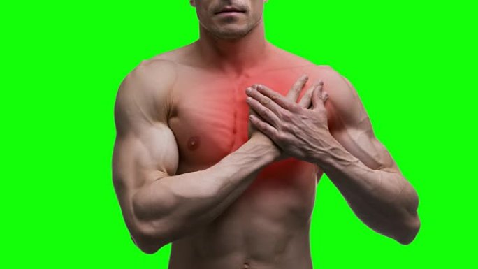 心脏病发作，绿色背景上有梗塞的老年肌肉男，色度键4k视频